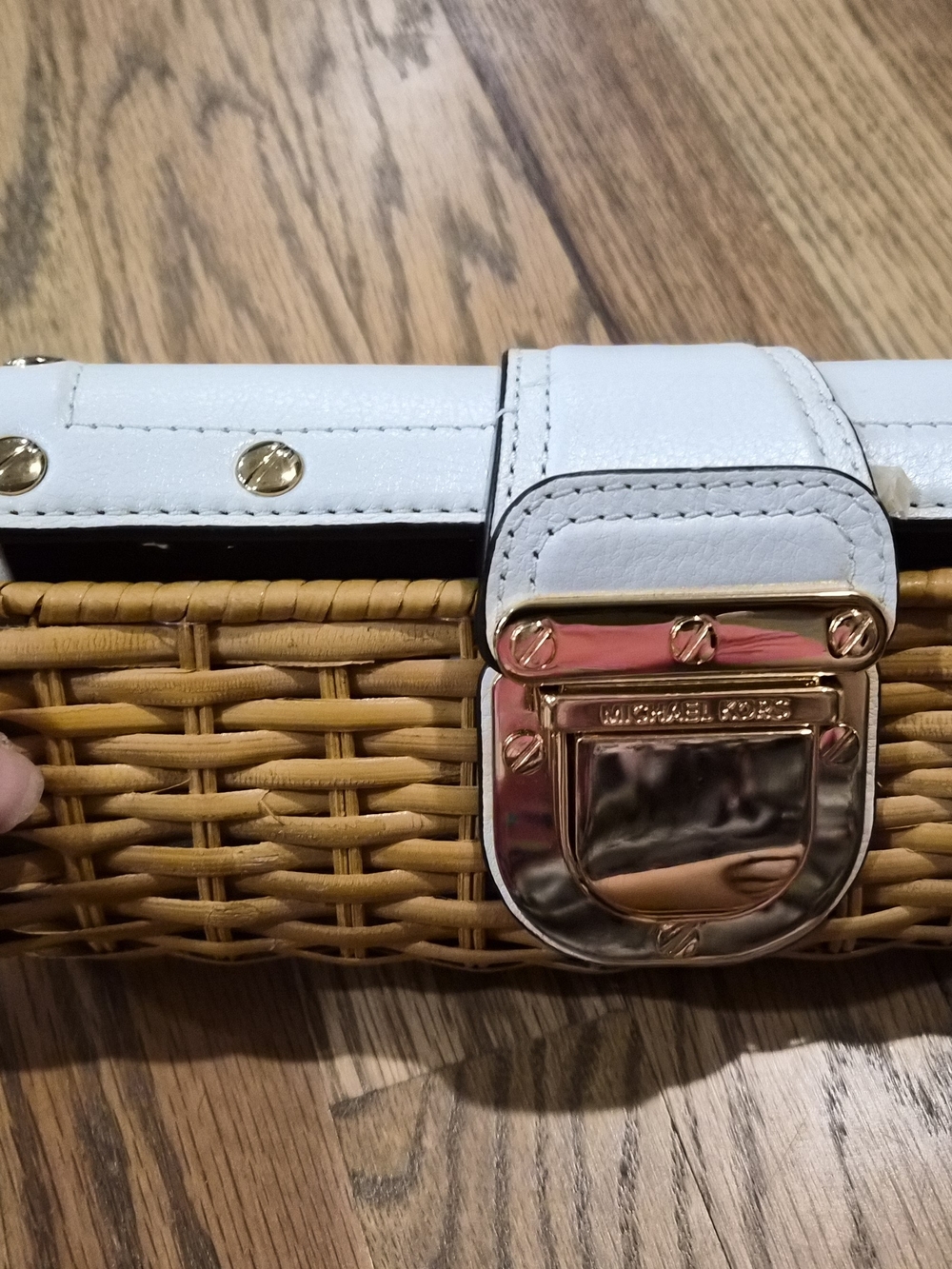 Michael Kors White Leather-Trim Wicker Clutch with Gold Hardware